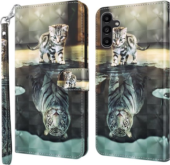 Poes en tijger - 3D motief - agenda book case hoesje - Telefoonhoesje geschikt voor Samsung Galaxy A15