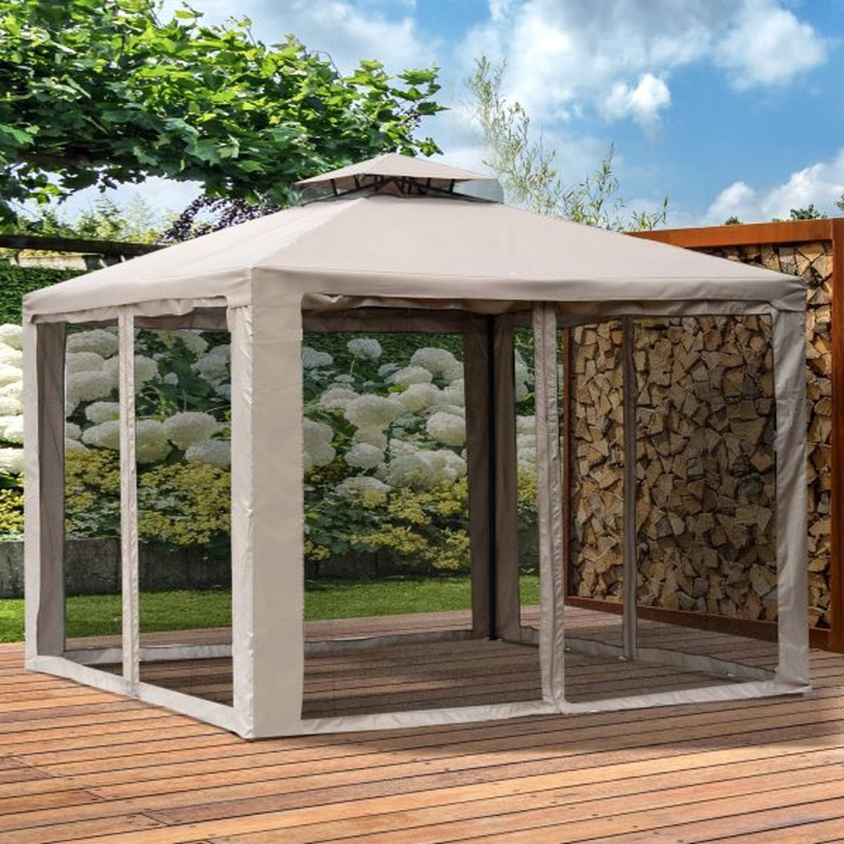 ZAZA Home Grijze Tuinprieel Paviljoen met 4 zijwanden Weerbestendige Partytent van Metaal en Polyester 3 x 3 x 2 6 m