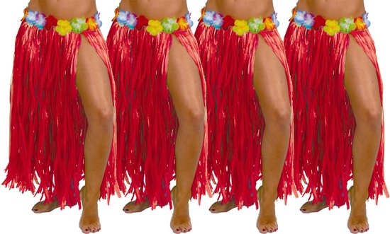 Fiestas Guirca Hawaii verkleed rokje - 4x - voor volwassenen - rood - 75 cm - hoela rok - tropisch