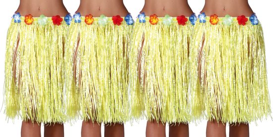 Toppers in concert - Fiestas Guirca Hawaii verkleed rokje - 4x - voor volwassenen - geel - 50 cm - hoela rok - tropisch