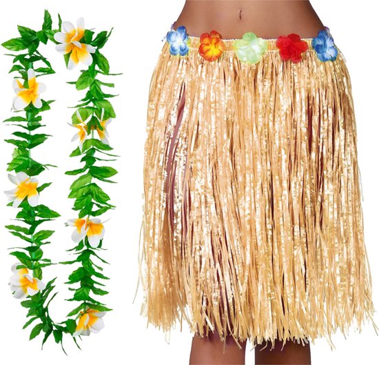 Hawaii verkleed rokje en bloemenkrans - volwassenen - naturel - tropisch themafeest - hoela