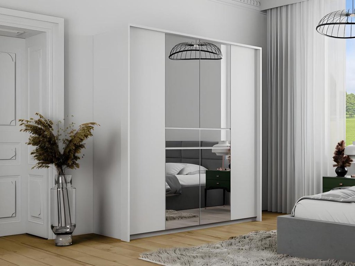Vente-unique Kast met 6 deuren en 1 lade - met spiegel en leds - L. 200 cm - Wit - ZADIA