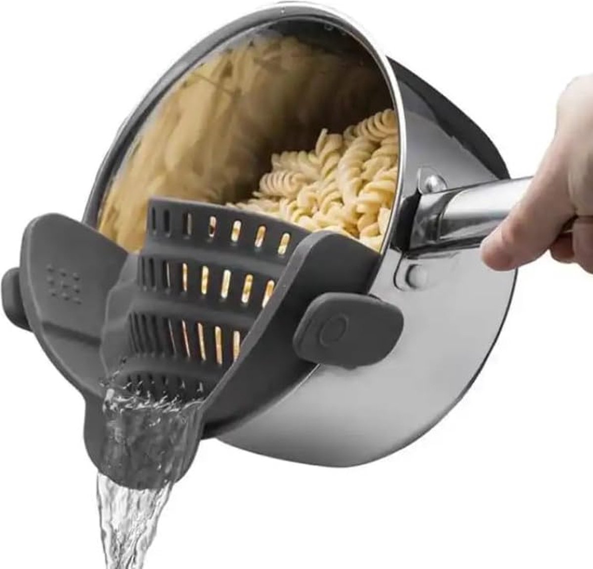2 stuks klikzeef groen en grijs pastazeef keukenzeef siliconen vaatwasmachinebestendig. Praktische afgiethulp voor rijst, pasta, spaghetti. Past op potten, pannen en kommen.
