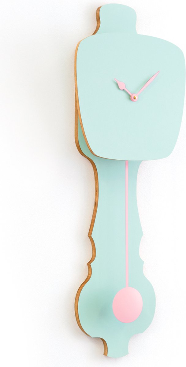 KLOQ - Wandklok met Pendule - Batterijen Inbegrepen - Wanddecoratie - Quartz Beweging - Niet-Tikkend Batterij Aangedreven - Pistache Groen & Perzik Pastel - Groot