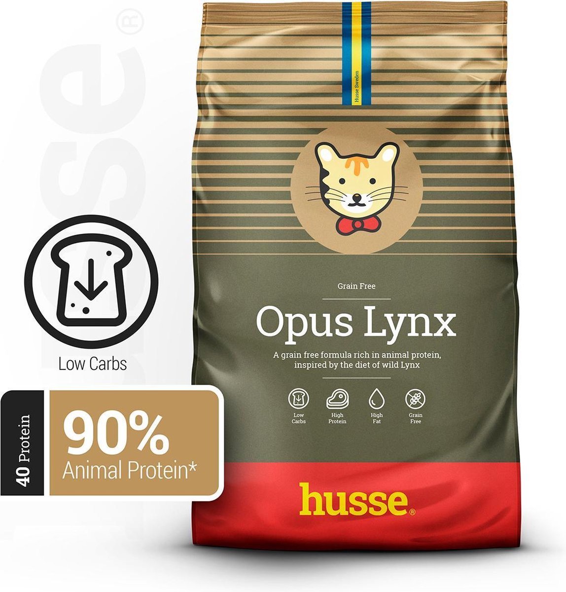 Husse Opus Lynx - Graanvrij Kattenvoer, Graanvrije Kattenbrokken, Kattenvoeding Droogvoer - 5 x 60g proefpakket