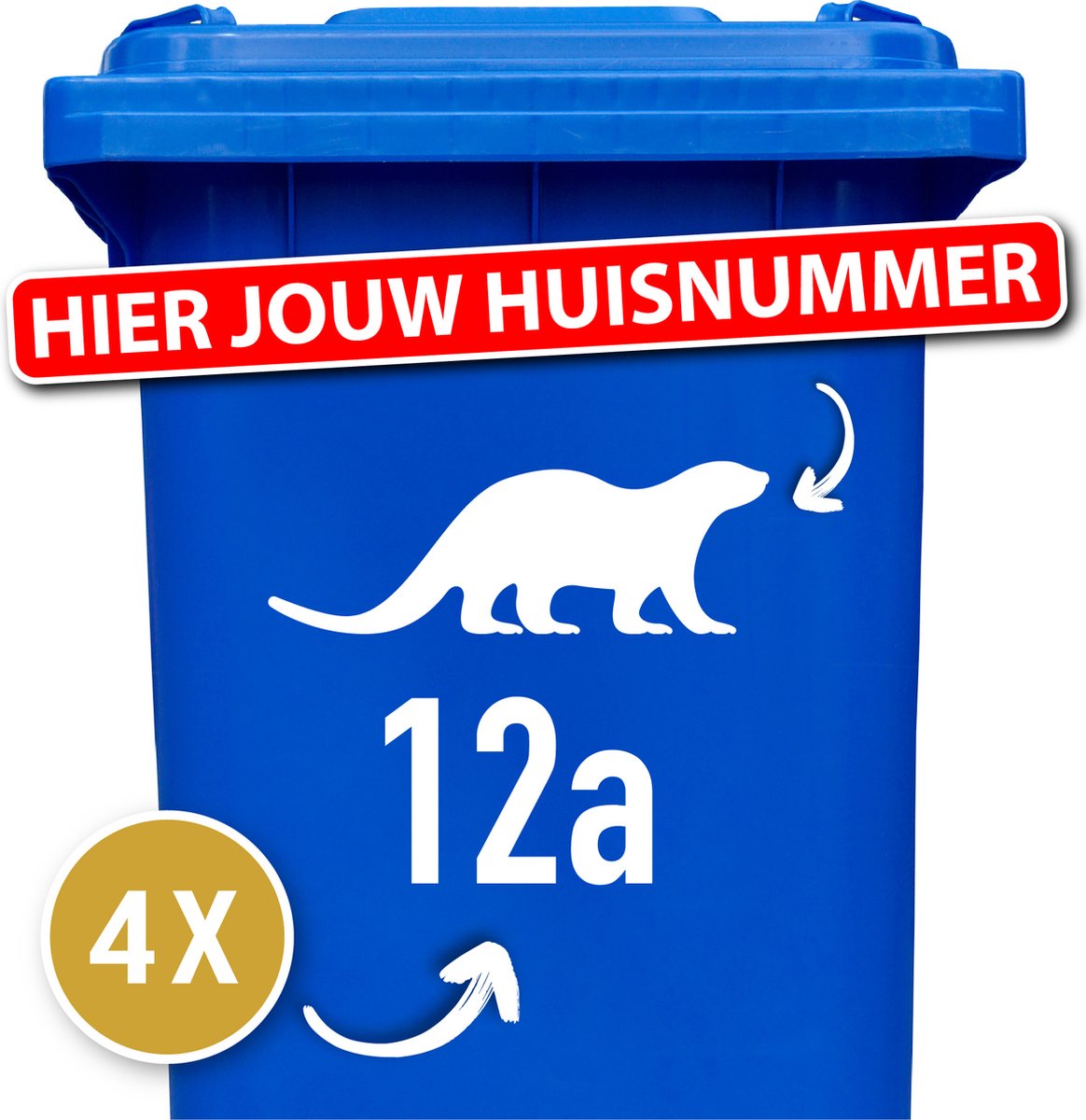 Container Sticker Huisnummer + Otter 4 Stuks - wit - 20 x 20 cm - kliko Sticker Voordeelset - Containerstickers - Weerbestendige Stickers - Stickers Buiten - Containersticker Huisnummer - Kliko Sticker Huisnummer - Kliko Sticker Dieren
