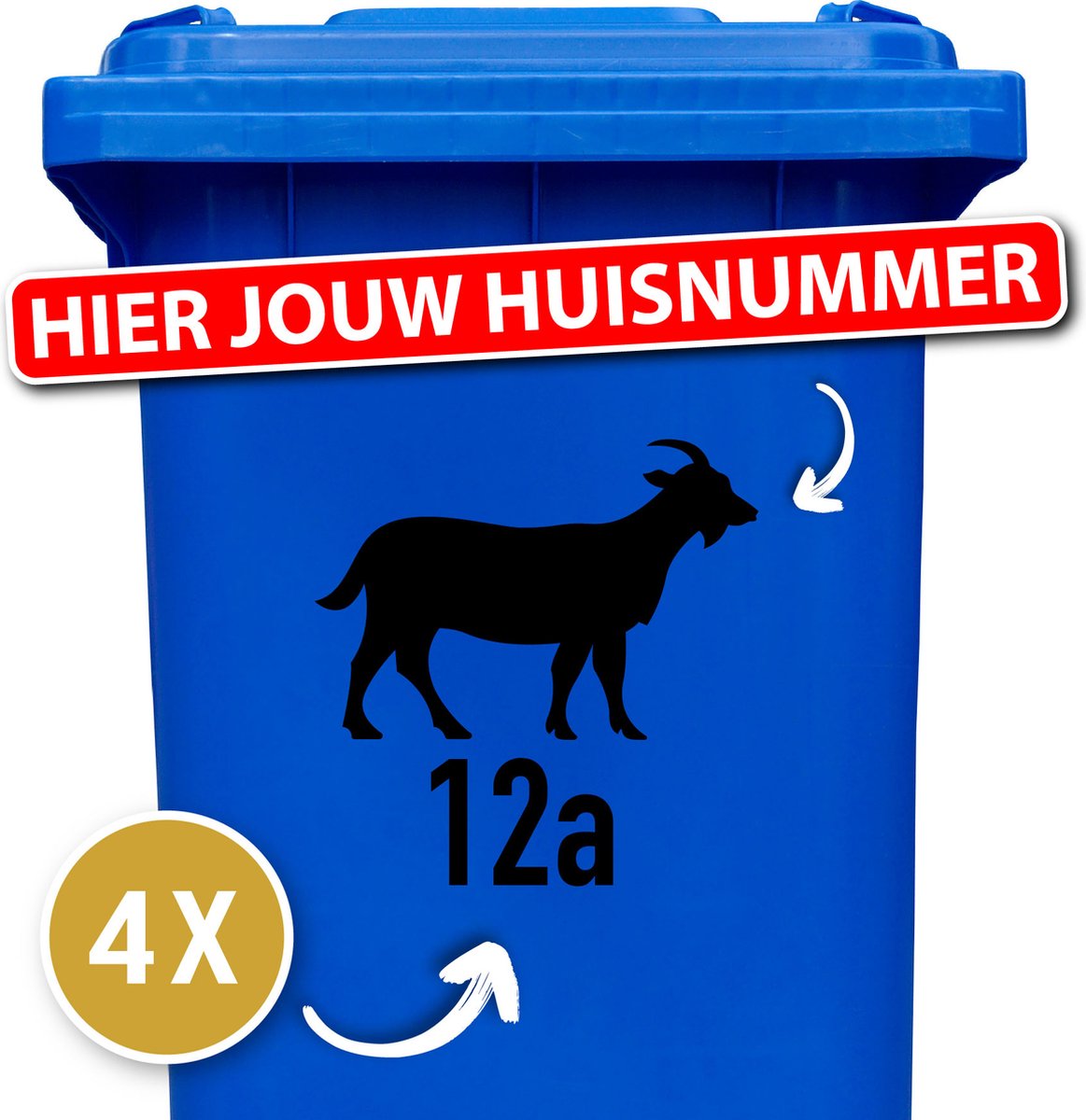 Container Sticker Huisnummer + Geit 4 Stuks - Zwart - 20 x 20 cm - kliko Sticker Voordeelset - Containerstickers - Weerbestendige Stickers - Stickers Buiten - Containersticker Huisnummer - Kliko Sticker Dieren - Brievenbus Sticker