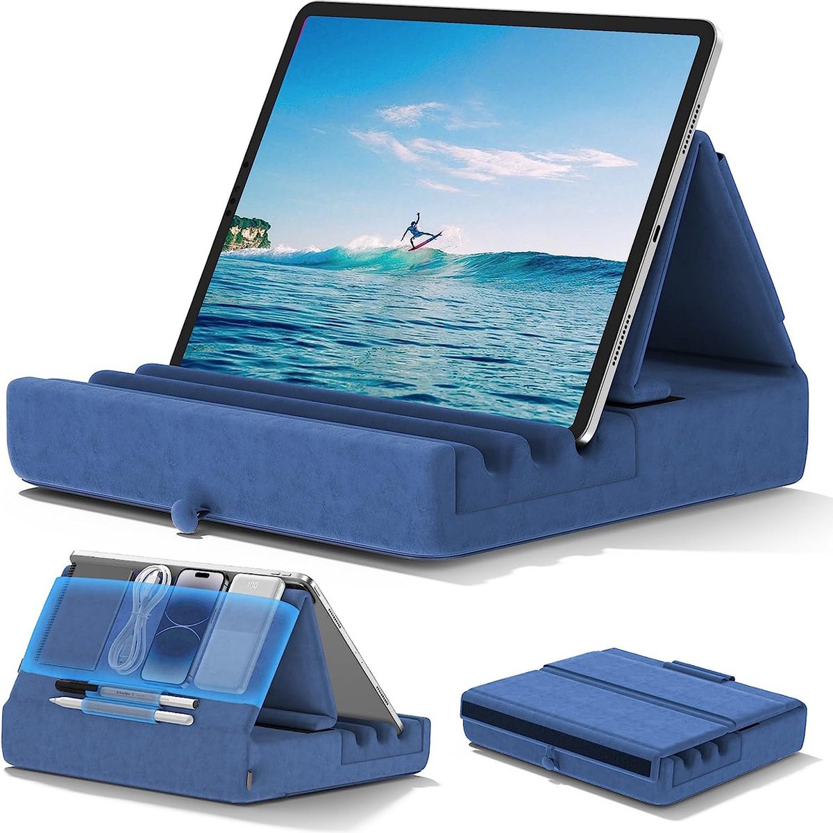 Tablet-kussenhouder, opvouwbare iPad-standaard voor schoot, bed en bureau, tablet, zachte pad met opslag en styluspuntbevestiging, compatibel met iPad Pro 9.7, 10.5, 12.9 Air Mini 5 4 3 2, Galaxy Tab, E-Reader