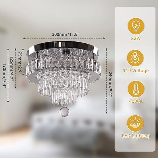 Dimbare kristallen kroonluchter, 30 cm kristallen plafondlamp met