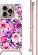 Casimoda® hoesje met rosegoud koord - Geschikt voor iPhone 15 Pro - Rosy Blooms - Afneembaar koord - TPU/polycarbonaat - Paars