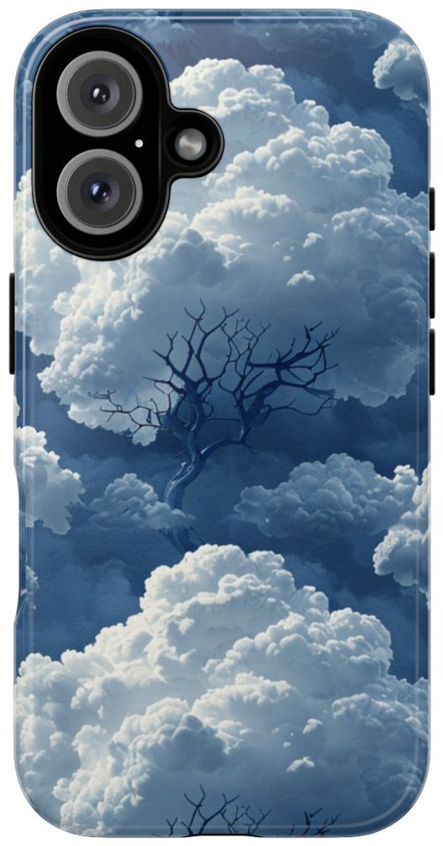 3D Wolken en Boompatroon – Glanzend Stevig Telefoonhoesje Geschikt voor iPhone 16