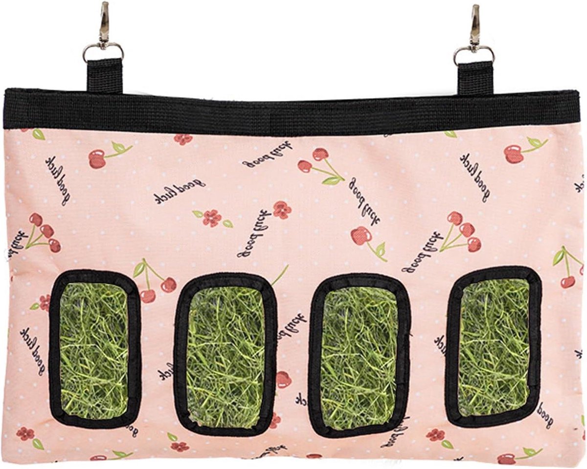 Automatische Hay Feeder Bag met 4 gaten - Hangende hooizak voor konijnen en cavia's in roze