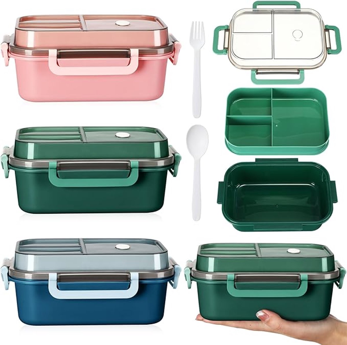 3-delige 2-laags 3-compartimenten plastic lunchbox voor volwassenen, magnetron-, vaatwasser- en ovenbestendig