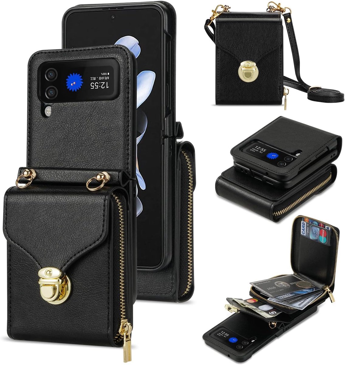 Zandarix Geschikt voor Samsung Galaxy Z Flip 7 - Schouderriem - Met kijkstandaard - Cameralensbescherming - Back Cover Hoesje - Zwart
