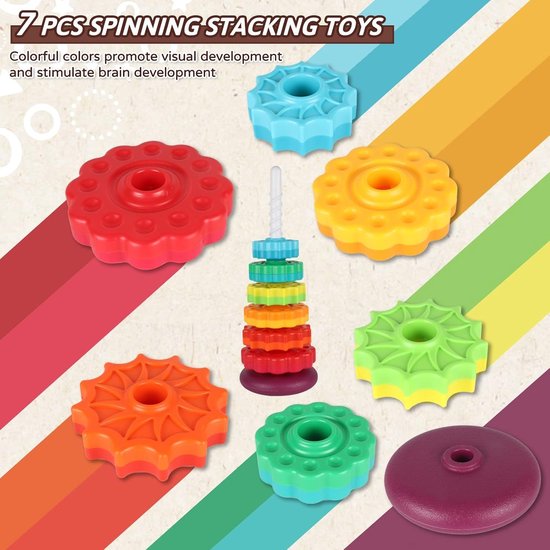 Rainbow Spin Tower – Educatief stapel- en draaibaar speelgoed voor peuters – 6 kleurrijke schijven – Montessori sensorisch speelgoed voor baby’s en kinderen 1-3 jaar — afbeelding 2