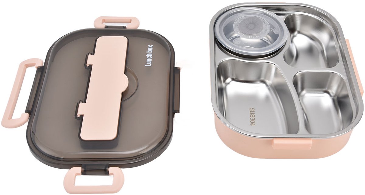 Lunchbox - Bento Box - Broodtrommel - Lunchbox van roestvrij staal 304 - Draagbaar - 1,3 liter lunchbox met 4 compartimenten, soepkom, eetstokjes en lepel