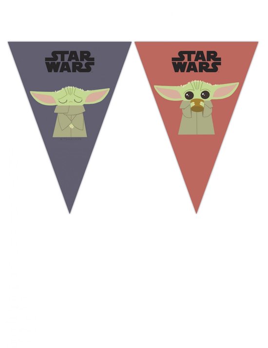 Twee Star Wars wimpels, één met Baby Yoda die slaapt, de ander met Baby Yoda die drinkt.