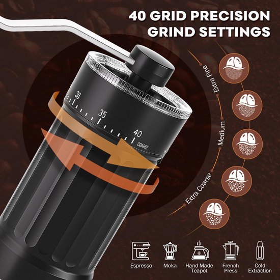 Extern instelbare handmatige koffiemolen: draagbare handmatige koffiemolen met hoogwaardige keramische maalschijf, 40 instelbare standen, geschikt voor reizen, kamperen, French press, mokka-pot, Italiaanse espressomachine. — afbeelding 3