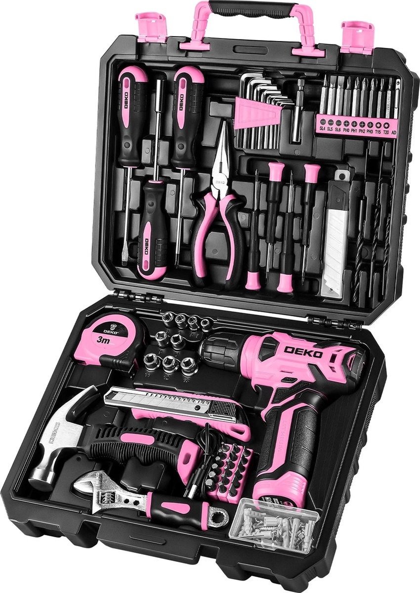 QPFO® 126-delige gereedschapsset met 8V snoerloze boormachine - Complete basisset in roze koffer