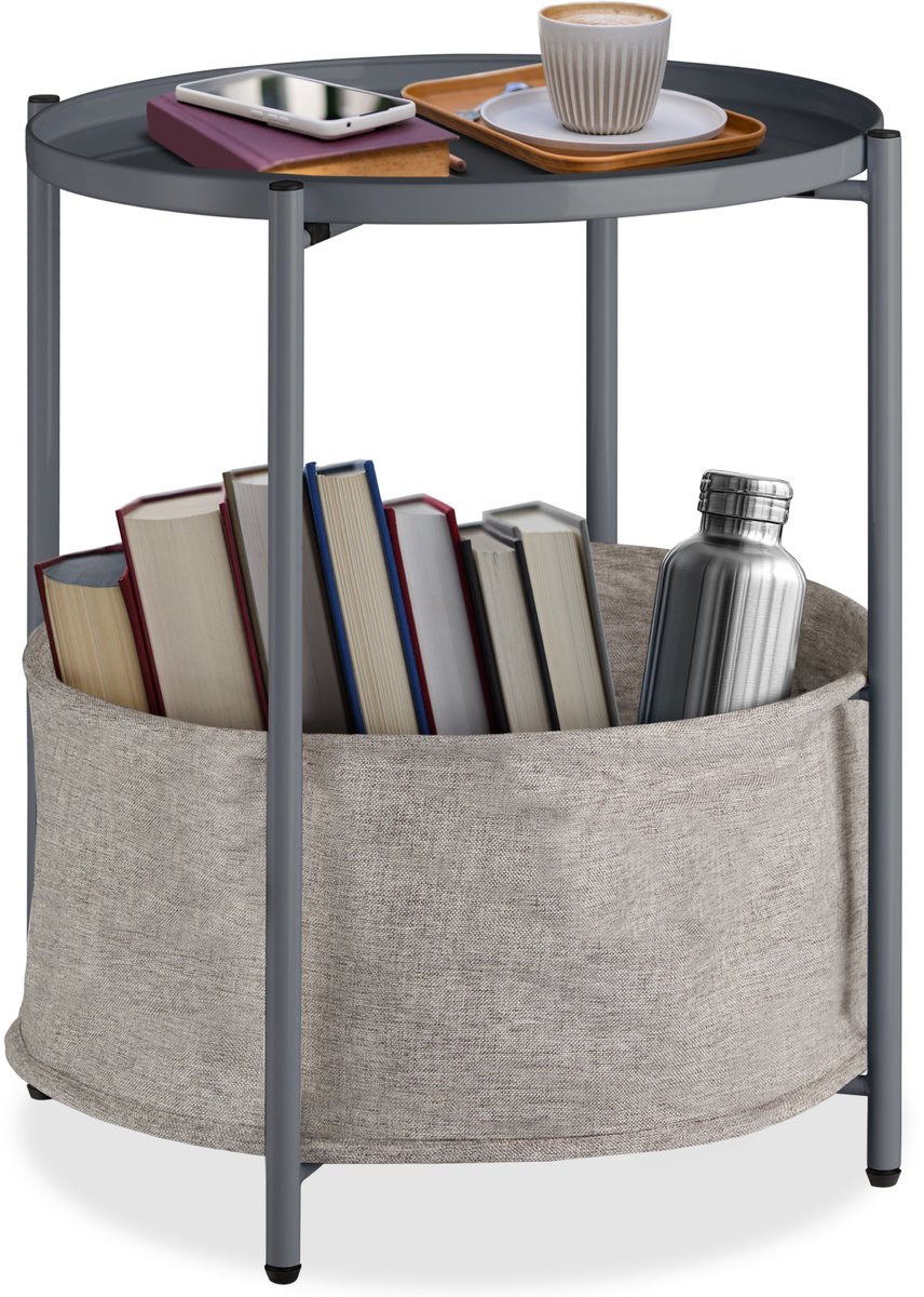 tectake® Ronde bijzettafel van metaal - Kleine salontafel met afneembare dienblad en opbergmand - Rustiek - Delicaat design - Draagkracht 40 kg - Afmeting (ØxH) Ø 45,5 x H 53 cm - Donkergrijs