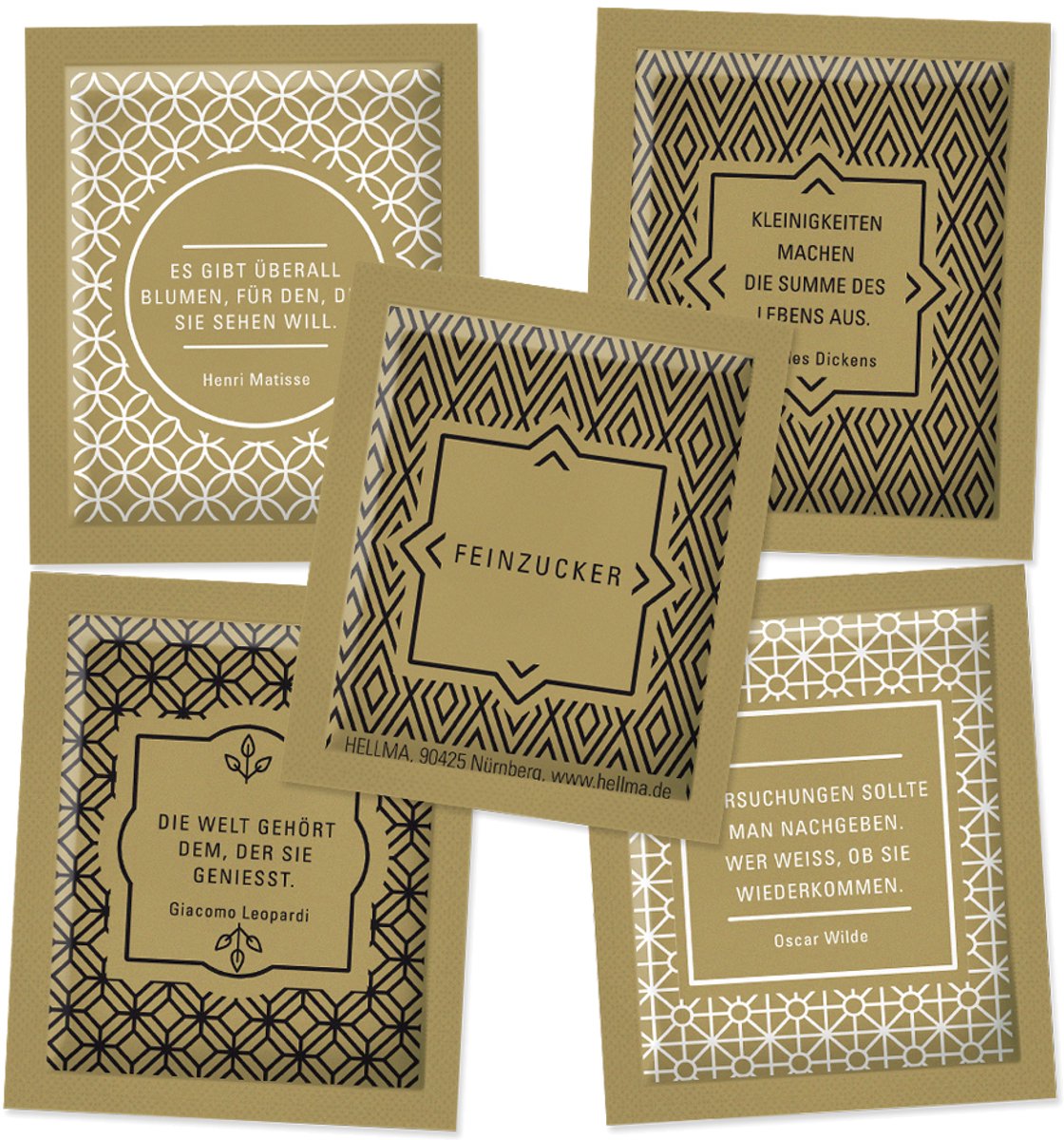 Gouden lijnsuikerzakjes in kartonnen doos.