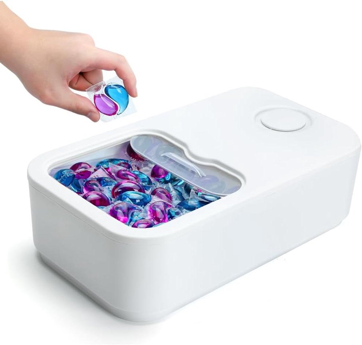 Goedkoopste Laundry Basket Holder with Sliding Lid for 90-100 Washing Gels - Large Container with Cup for Organization and Storage in the Utility Room (White