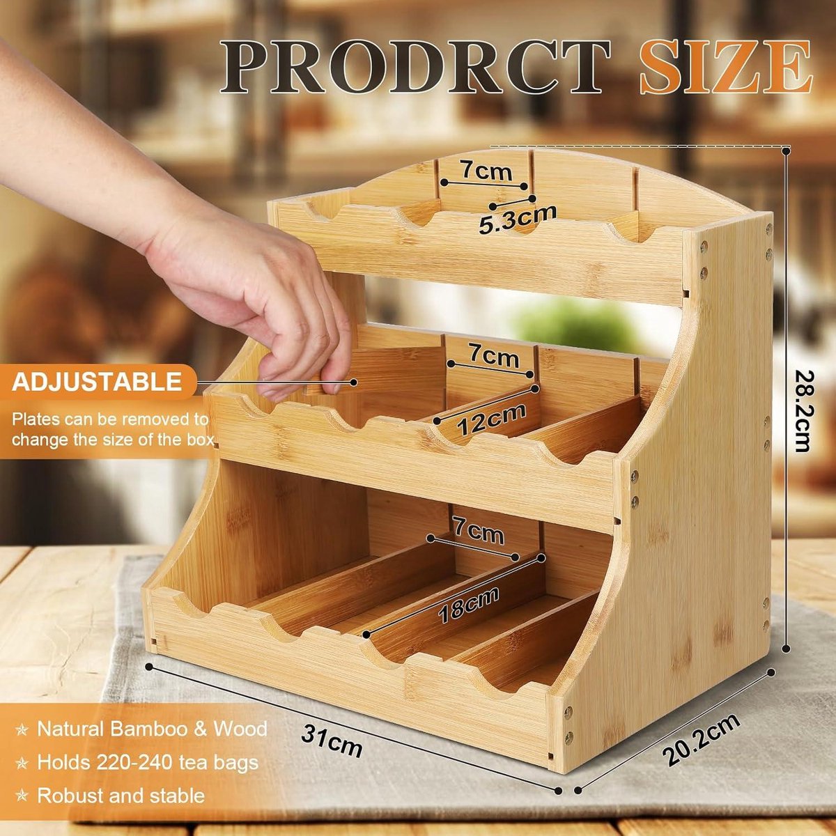 TIMIEEYA Tea Bag Organiser, Bamboo Acrylic Tea Storage Organiser with