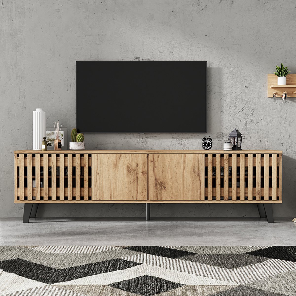Pugsdrly TV-meubel 180 x 40 x 55 cm, onderkasten in originele houtkleur, 8 aparte opbergvakken, TV-standaard, TV-meubel en multimediacenter geschikt voor 70-inch TV-toestellen, ideaal voor de woonkamer Natuurlijk hout