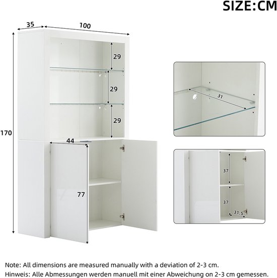 PUGSDRLY Commode met 3 laden en 2 deuren, opbergkast voor woonkamer, led, modern dressoir, wit, 120 x 40 x 80 cm