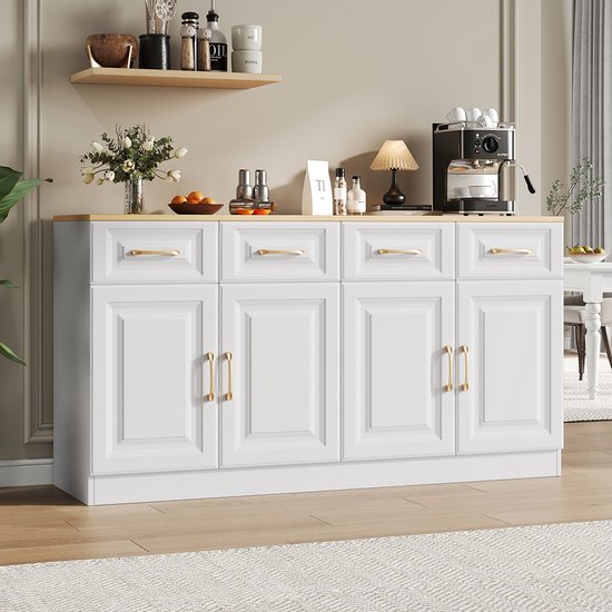 Buffet Pugsdrly 140 cm avec espace de rangement, meuble bar avec 4 tiroirs et 4 portes battantes, meuble de rangement long de style ferme moderne, bois blanc, pour la cuisine, la salle à manger et le salon