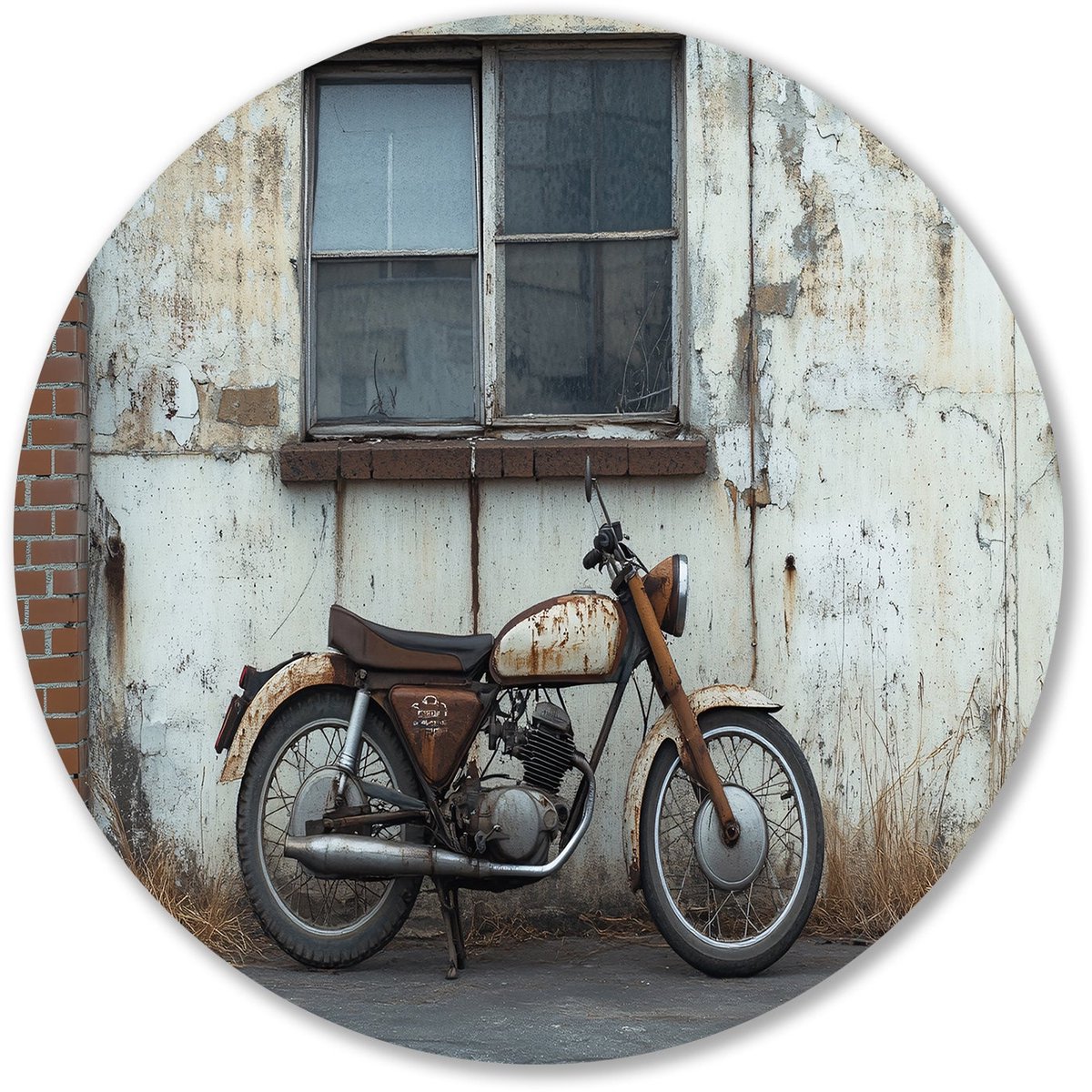 Verweerde vintage motor bij muur - Motorfiets wanddecoratie rond - Wandschalen motor - Rea