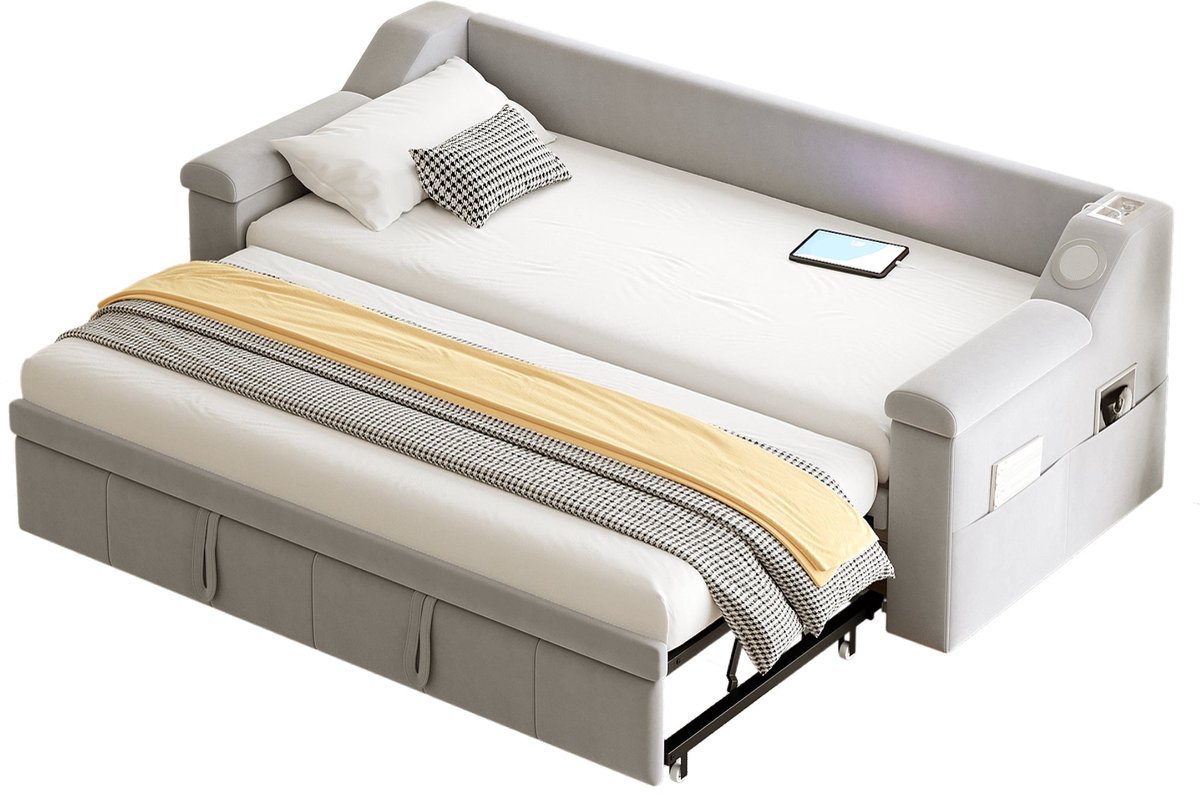 Merax Slaapbank met Opbergruimte – Uitschuifbaar van 90 tot 180x190 cm – Bed met Bluetooth Stereo en USB – Lichtgrijs