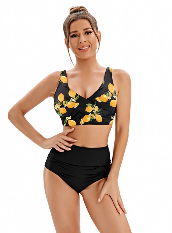 Maillot de Maillots de bain deux pièces à motif Fleurs pour femme , Set bikini taille haute, col en V , dos nu, Cross