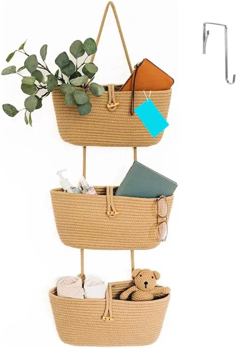 NCONCO Wandorganizer, 3 niveaus om op te hangen aan de deur, hangmand van geweven katoenen touw, mand om op te hangen aan de muur, opbergtas voor slaapkamer, woonkamer