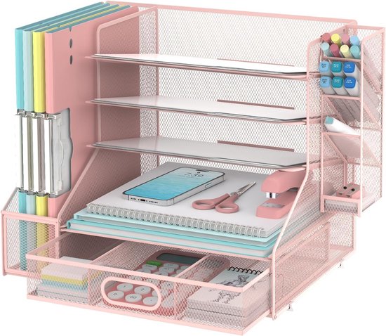 SUPTIDY Bureau-organizer met aktjeshouder, 5-laags mesh papieren brieventray organizer met pennenhouder en lade voor kantoorbenodigdheden, roze