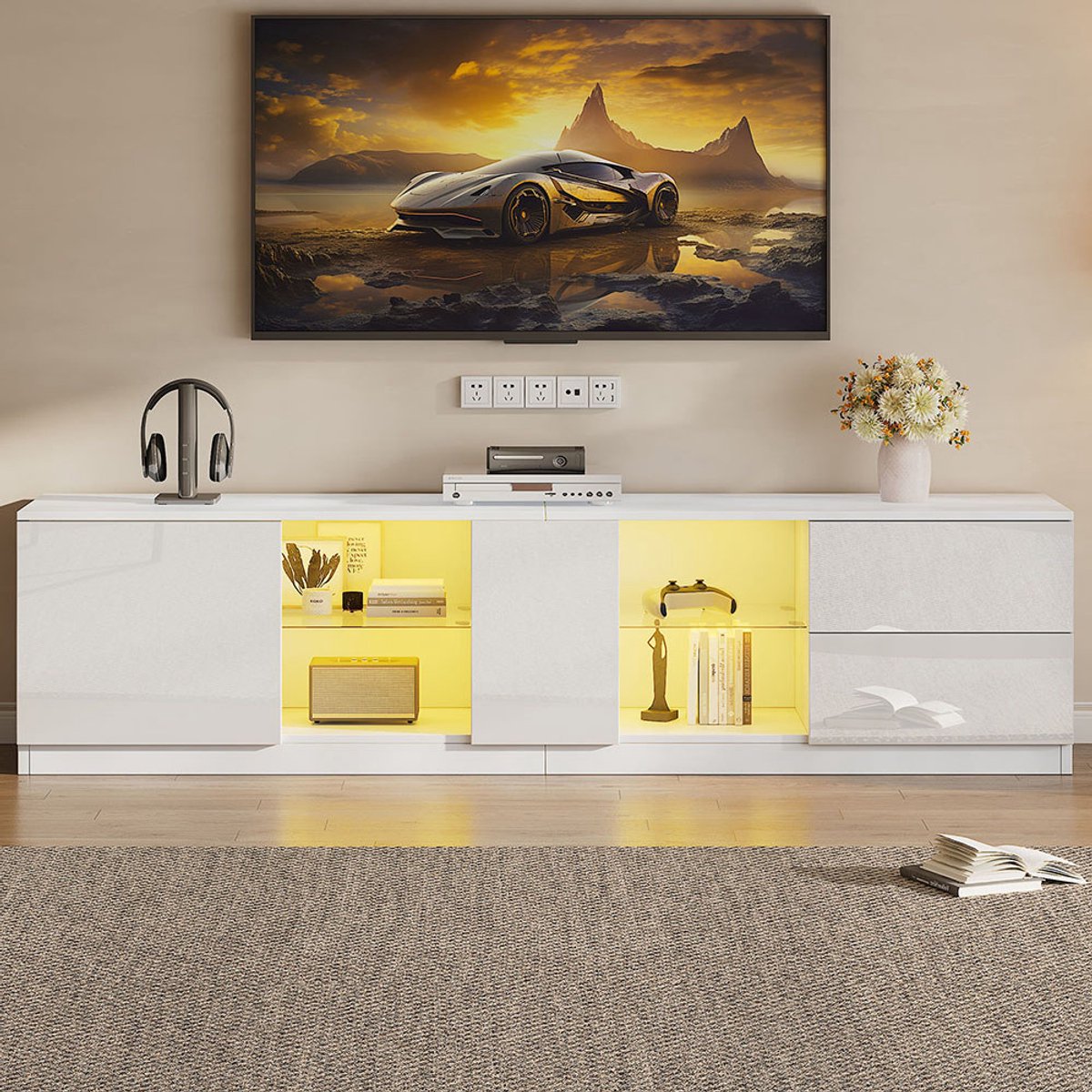 Pugsdrly TV-meubel 160 x 40 x 52 cm, glanzende ladekast, dressoirs met LED-verlichting, on