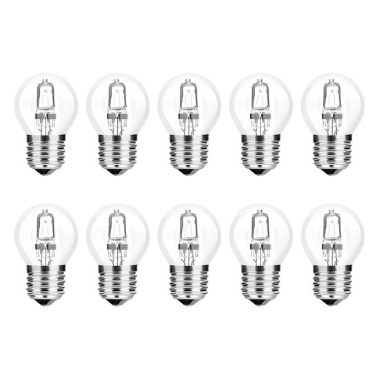 Tien heldere, bolvormige halogeenlampen met E27 schroeffitting.