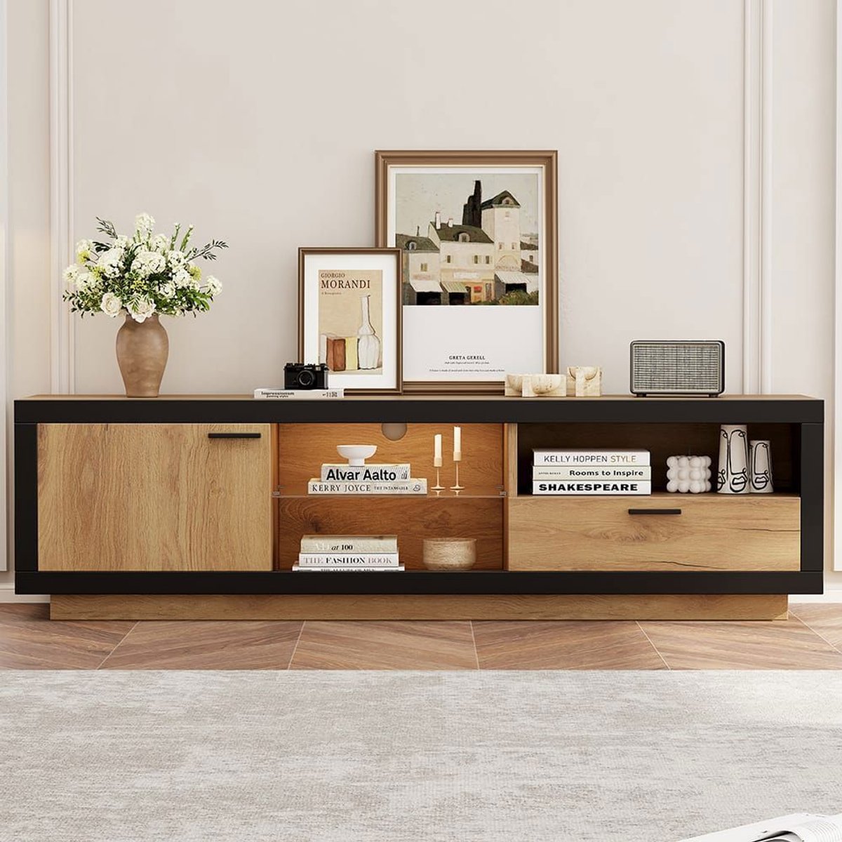 Pugsdrly TV-standaard moderne lage design met glazen planken opbergruimte voor 70 /65 / 55 inch televisie zwart eik houten frame multifunctioneel geschikt voor woonkamer en slaapkamer zwart + eik