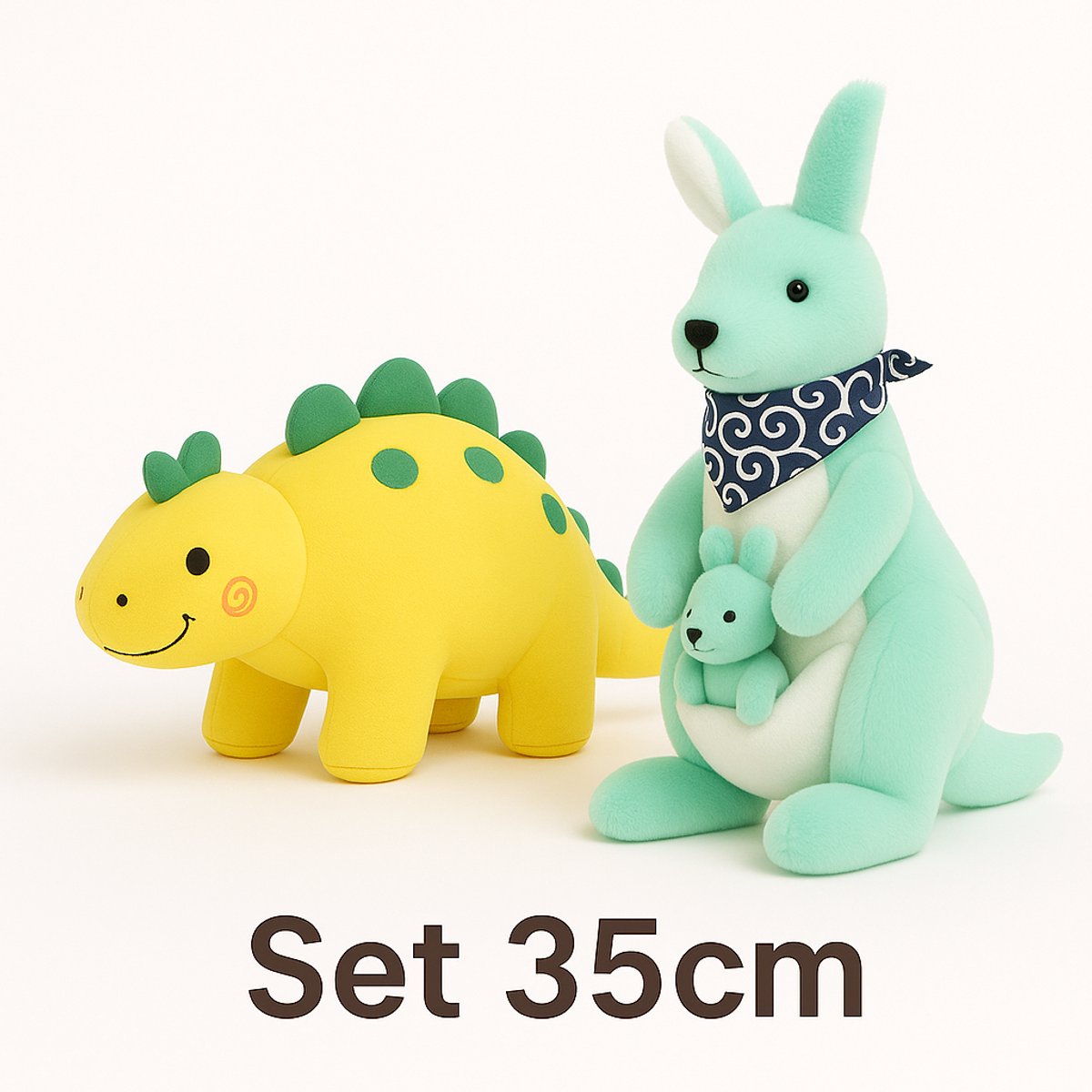 Gele Dino en blauwe Kangoeroe Knuffelset van Best4Juniors – het perfecte cadeau van 35 cm voor kinderen en verzamelaars. Ideaal voor verjaardagen, babyshowers of Kerstmis!