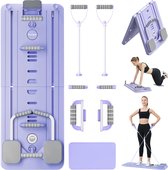 Collage met paars Foompad pilates board, losse onderdelen, vrouw in plankhouding, vrouw met spanningsbanden en vrouw staand op board.