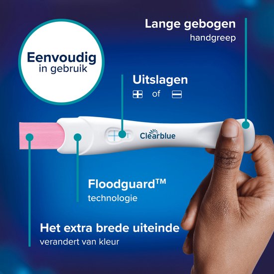 Clearblue zwangerschapstest met gebogen handgreep. "Eenvoudig in gebruik". "Extra brede uiteinde verandert van kleur". "Floodguard" technologie.