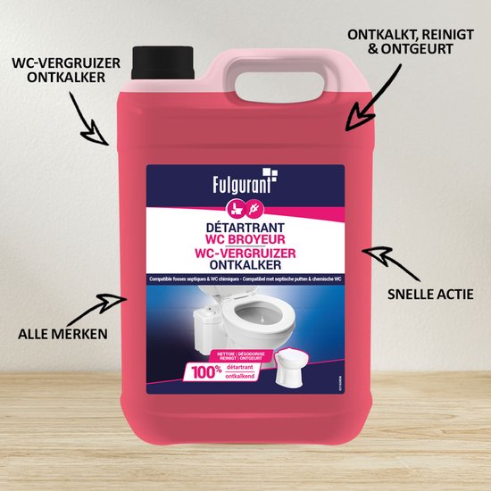 Fulgurant Sanibroyeur Ontkalker 5L — Krachtige WC-Vergruizers Ontkalker voor Maceratietoilet, Vermaler & Chemisch Toilet — Beschermt het Mechanisme — Belgische Kwaliteit