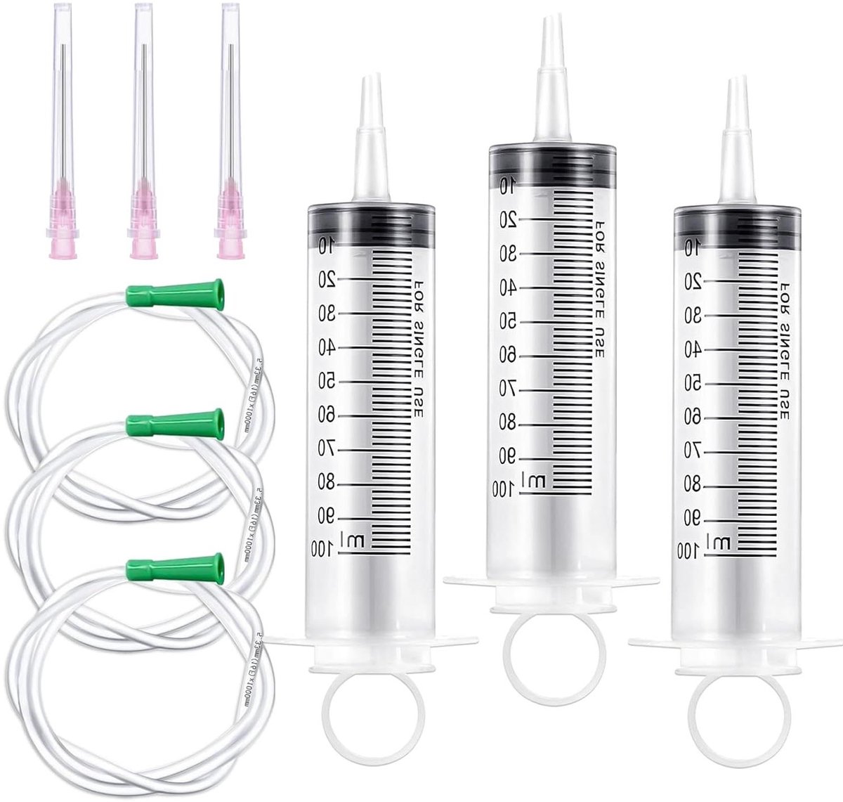 JGS Premium - 3-pack wegwerpspuiten 100 ml met slang en naald - Ideaal voor laboratorium, tuin, industrie - Geschikt voor motorolie, vloeistoffen en diervoeding