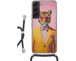 Telefoonhoesje Geschikt voor Samsung Galaxy S22 - Tijger - Bril - Geel - Jasje - Siliconen - Crossbody - Backcover met Koord - Telefoonhoesje met koord - Hoesje met touw Telefoonhoesje