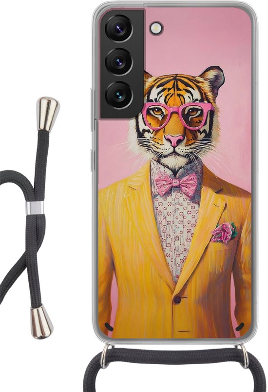 Telefoonhoesje Geschikt voor Samsung Galaxy S22 - Tijger - Bril - Geel - Jasje - Siliconen - Crossbody - Backcover met Koord - Telefoonhoesje met koord - Hoesje met touw Telefoonhoesje