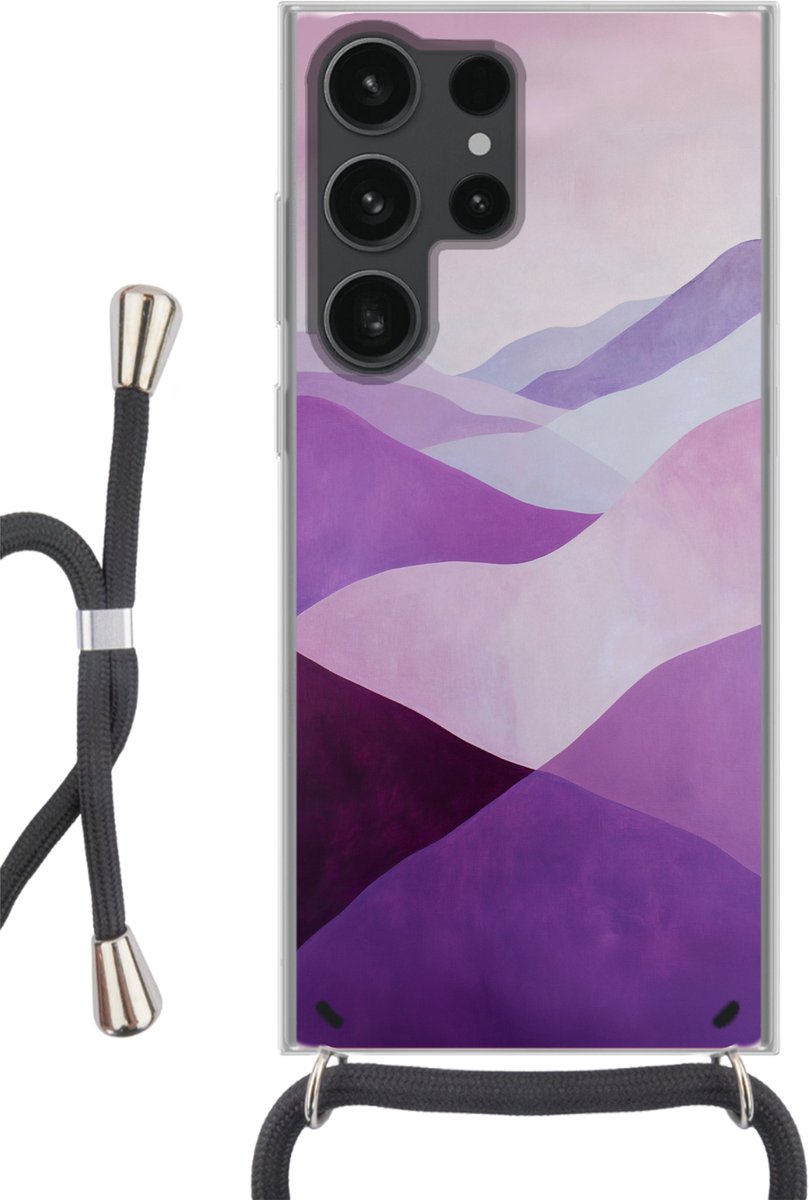Telefoonhoesje Geschikt voor Samsung Galaxy S23 Ultra - Abstract - Heuvels - Landschap - Paars - Siliconen - Crossbody - Backcover met Koord - Telefoonhoesje met koord - Hoesje met touw Telefoonhoesje