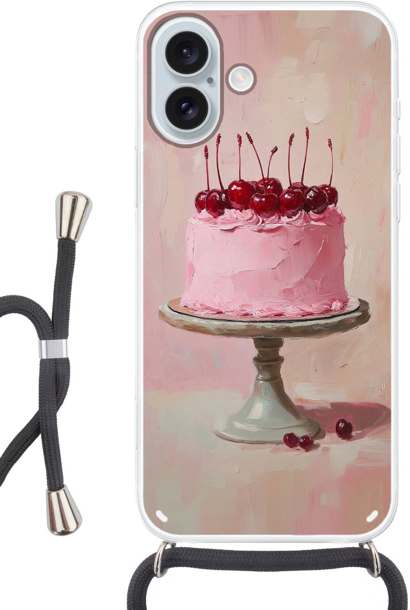 Telefoonhoesje Geschikt voor iPhone 16 Plus met koord - Taart - Pink - Cherry - Siliconen - Crossbody - Backcover met Koord - Telefoonhoesje met koord - Hoesje met touw Telefoonhoesje