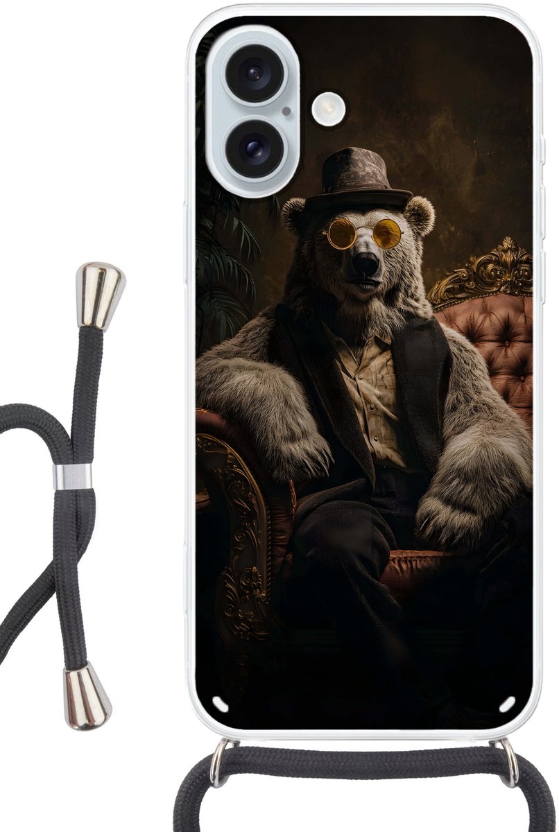 Telefoonhoesje Geschikt voor iPhone 16 Plus met koord - Ijsbeer - Hoed - Bril - Stoel - Siliconen - Crossbody - Backcover met Koord - Telefoonhoesje met koord - Hoesje met touw Telefoonhoesje