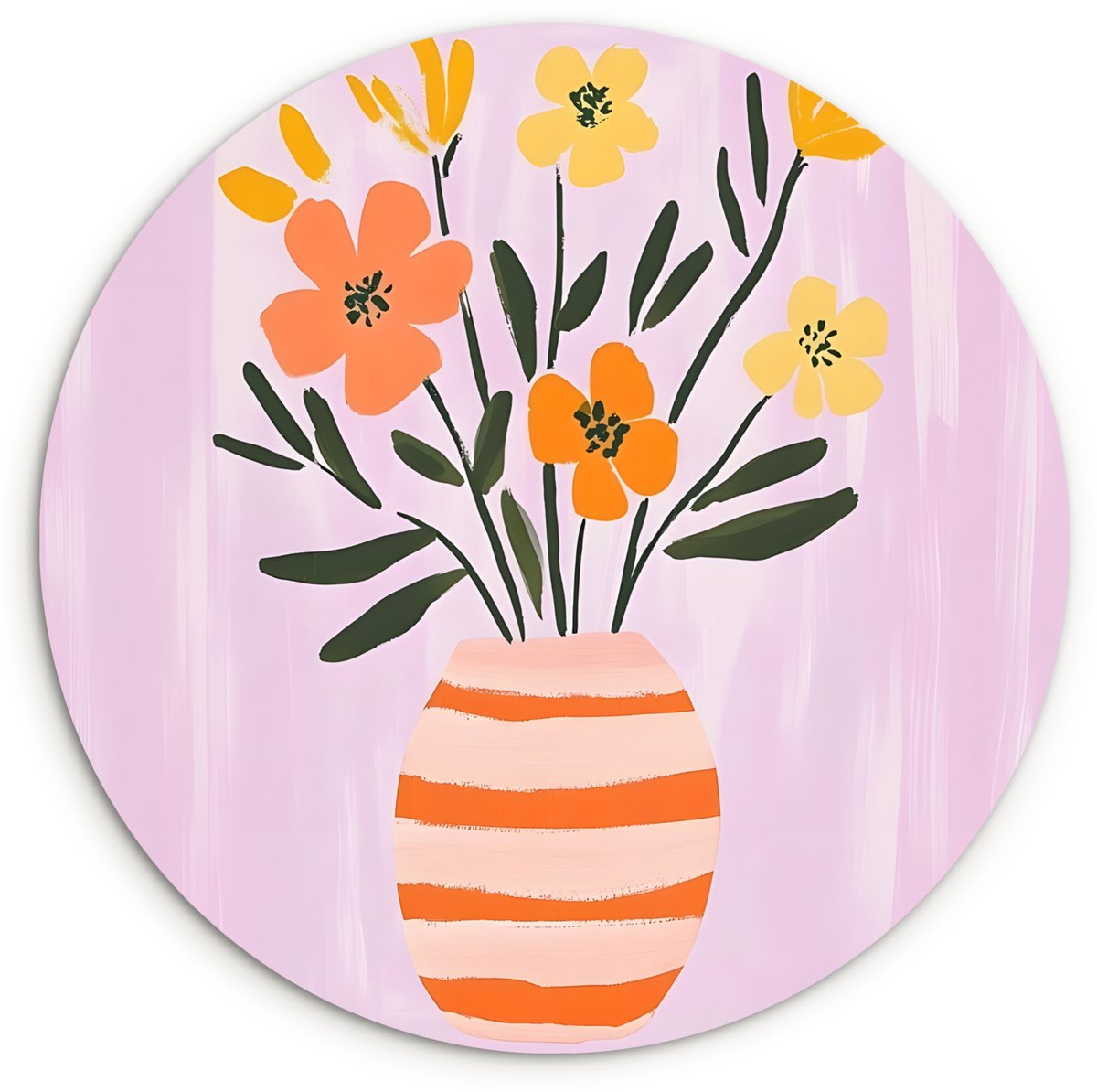 WallCircle Wandcirkel 60x60 cm - Muurcirkel Vaas - Gestreept - Bloemen - Oranje - Muurdecoratie woonkamer - Wanddecoratie slaapkamer - Kamer decoratie accessoires - Ronde schilderijen Vaas - Bloemen