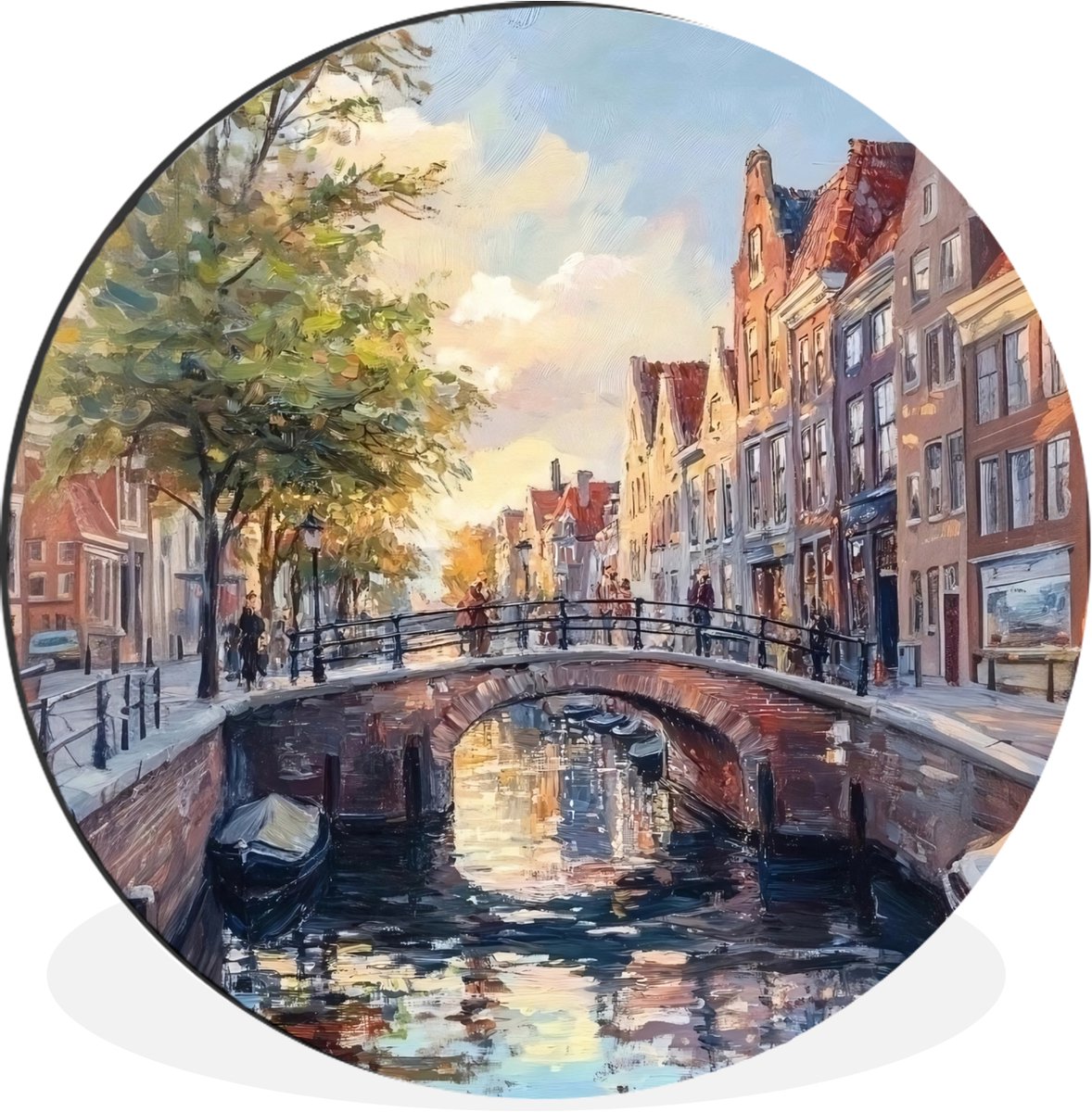 WallCircle Wandcirkel - Muurcirkel - Brug - Stad - Huizen - Boot - Aluminium - Dibond - 90x90 cm - Binnen en Buiten Brug - Stad - Gracht